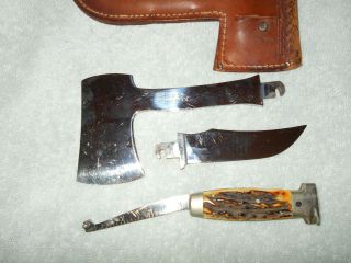 Case XX Bone Stag Hunting Knife and Hatchet Combo Ruler w/ Sheath RARE 4