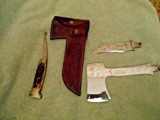 Case XX Bone Stag Hunting Knife and Hatchet Combo Ruler w/ Sheath RARE 7