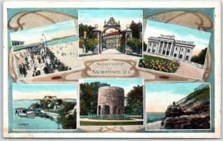 Newport,  Rhode Island Postcard Multi - View Boardwalk Mansions Cliff Walk C1920s