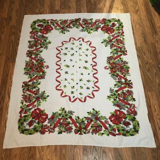 Vintage Cotton Christmas Tablecloth 60x50 Holly Pine Ornaments Ribbon