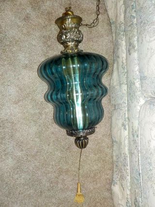 Vintage Large Blue Glass Hanging Swag Lamp Light