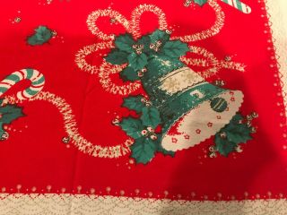 Vintage Christmas Mid Century Print Tablecloth Red Holly Bells Candy Canes 62x50