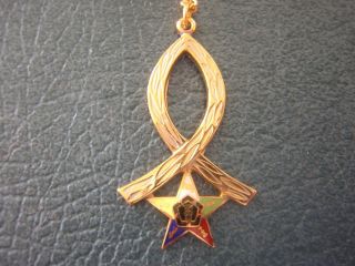 Fish/ribbon Oes 18in.  Necklace 1.  5in.  Pendant Gold? Eastern Star Ladies Mason