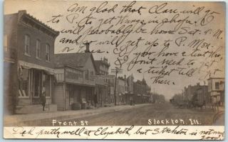 Stockton,  Illinois Rppc Real Photo Postcard Front Street Downtown Scene 1909