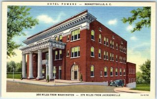 Bennettsville,  Sc Postcard Hotel Powers Building Curteich Linen C1940s