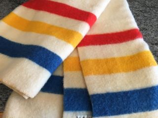 Vtg Antique Orrlaskan Wool Blanket,  Blue,  Red,  Yellow Stripe On Cream 74” X 82”