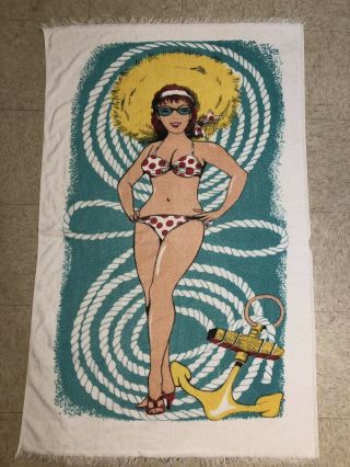Vintage 60s Beach Towel Red Head Pin Up Girl Woman Polka Dot Bikini