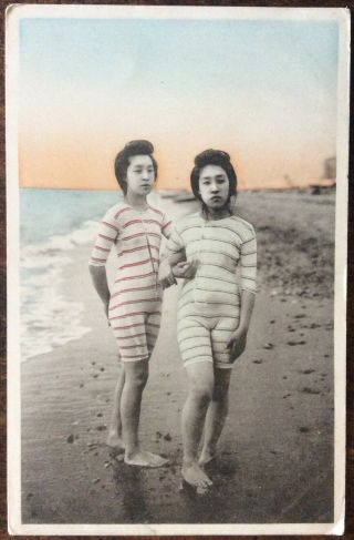 Antique Japanese Pc Portrait Two Japanese Women In European Swimming Costumes