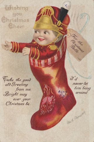 Boy In Christmas Stocking Ellen Clapsaddle Artist Signed Postcard 1916