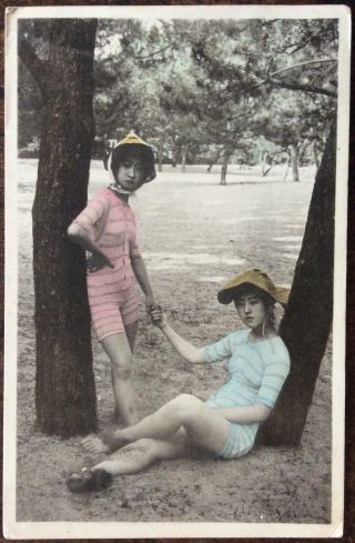 Antique Japanese Pc Portrait Two Japanese Women In European Swimming Costumes 2