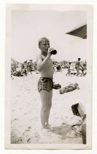 1 Vintage Photo Swimsuit Soda Boy On The Beach Snapshot