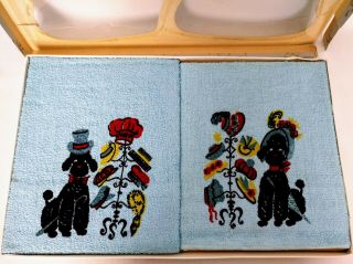 Vintage Poodle Decorative Hand Towel Gift Set His Hers Blue Hand Decorated 1950s