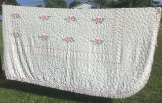 Sweet Vintage Pink & White Chenille Bedspread Flowers Hearts Bows Cottage