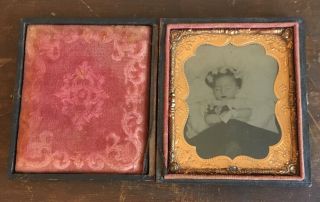 Antique 1/6 Plate Tintype Post Mortem Flower Girl Split Leather Case