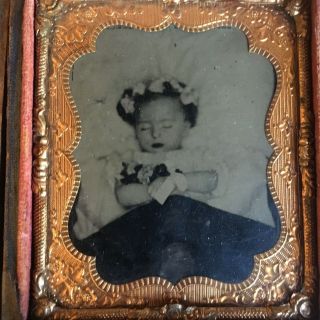 Antique 1/6 Plate Tintype Post Mortem Flower Girl Split Leather Case 2