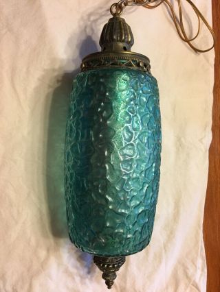 Vintage Mid - Century Modern Swag Lamp Light Blue Glass Metal Hanging W/ Chain