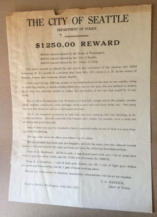Rare 1911 Seattle,  Washington Reward Poster 2 Murderers Killed Policeman 6/17