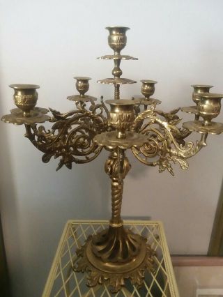 Vintage Antique Heavy Solid Brass 8 Candle Candelabra 7 Arm Candle Holder Rare