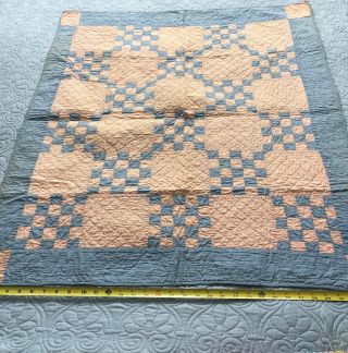 Vintage Crib Quilt Hand Pieced Postage Stamp Hand Quilted Blue Peachy/pinky