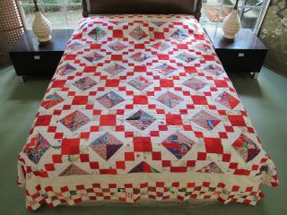 Queen Vintage 2000 Signed Hand Sewn All Cotton Irish Chain Quilt,  Novelty Prints