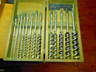 Rare Set,  C.  E.  Jennings Arrow Head No.  3c Auger Drill Bits,  Wood Box,  (13pc)