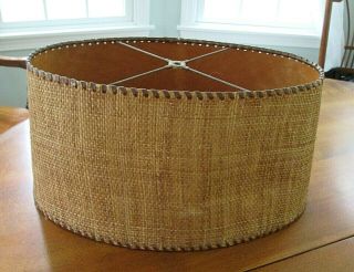 Vintage Mid Century Modern Large Brown Woven Bamboo Oval Lamp Shade Whip Stitch