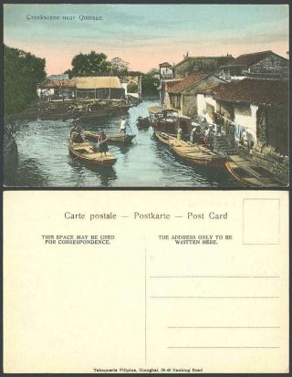 China Old Hand Tinted Postcard River Creek Scene Quinsan Native Boats And Houses