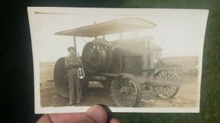 Real Picture Postcard Rppc Antique Farm Tractor Man Holding Lantern