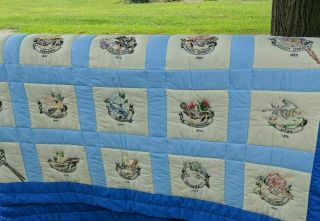 Vtg Handmade Amish Quilt State Birds Flowers Blue Backing 105 By 86 Embroidery