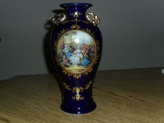 Limoges Porcelain Cobalt Blue & Gold Victorian Scene Vase Bow Ribbon Handles