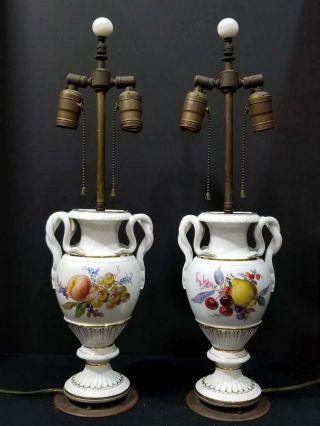 Pair Antique Meissen Porcelain Twisted Snake Handle Urn Vase Table Lamps