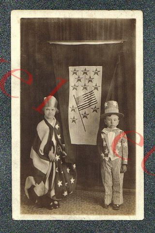 Patriotic Little Uncle Sam & Lady Liberty - Circa 1920 Rppc Photo Grade 4,