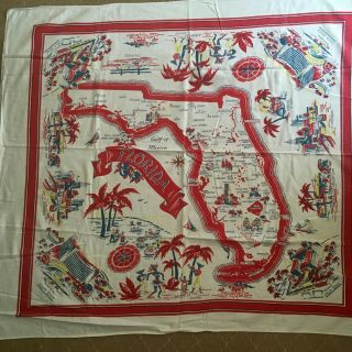 1950s Vtg Souvenir Florida Map Tablecloth Cotton Print Landmarks (43x47) Campy