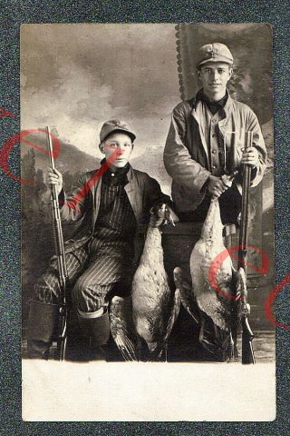 Goose Hunters W Shotguns In Studio - Circa 1905 Rppc Photo Grade 5 -