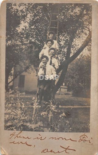 Ohio Postcard Real Photo Rppc 1906 Akron Men On Ladder Tree Mcdowell Clan