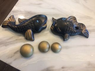 Vintage Mid Century Black And Gold Fish And Bubbles Chalkware Wall Plaques - L@@k