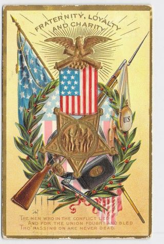 Vintage Patriotic Postcard Memorial Day Flag With Badge And Shield - Embossed -