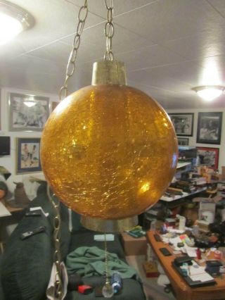 Vintage Amber Crackle Glass Hanging Swag Ceiling Light Lamp Diffuser Mid Century