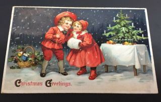 Victorian Children Muff Christmas Series 204 Germany Embossed Postcard Post 1912
