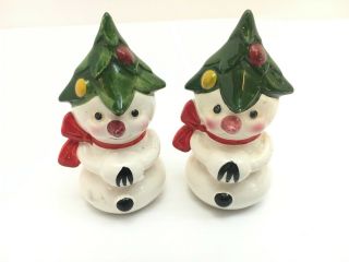 Vtg Salt Pepper Shakers Snowman Christmas Tree Hats Mid Century Kitsch Japan
