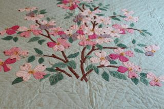 Vintage Gorgeous Hand Stitched Cotton Appliqued Quilt Flowers on Green 78x92 3