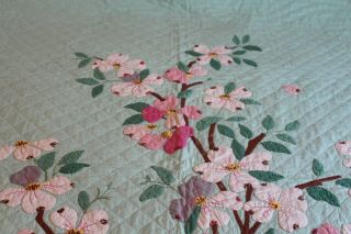 Vintage Gorgeous Hand Stitched Cotton Appliqued Quilt Flowers on Green 78x92 4