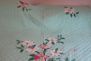 Vintage Gorgeous Hand Stitched Cotton Appliqued Quilt Flowers on Green 78x92 5