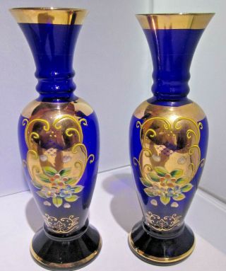 2 Hand Painted Colbalt Blue And Trimmed Gold Norleans Vases Made In Japan