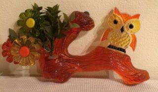 Vintage 1969 Resin / Lucite Owl On Branch With Flowers Wall Hanging W/ Label