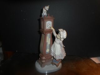 Lladro Girl And Cat With Grandfather Clock