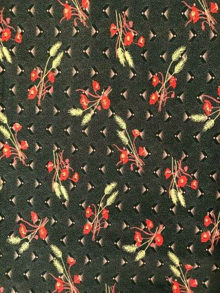 Vintage Mcm 1950s Cotton Print Fabric Green Red Flowers Poppies Abstract 69 " X41