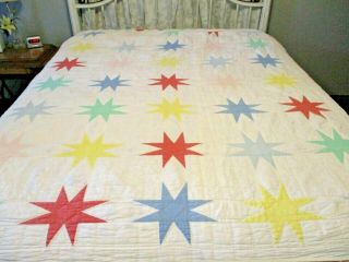 Vintage Multiple Color Star Pattern Hand Made Bed Quilt 84 " X 90 "