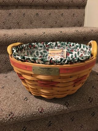Longaberger 1999 Red Chrustmas Popcorn Basekt,  Holly Liner And Protector