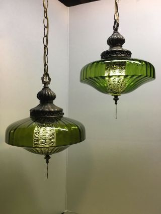 Vintage Pair Mcm Ufo Real Green Ribbed Glass Hanging Swag Lamp Lights